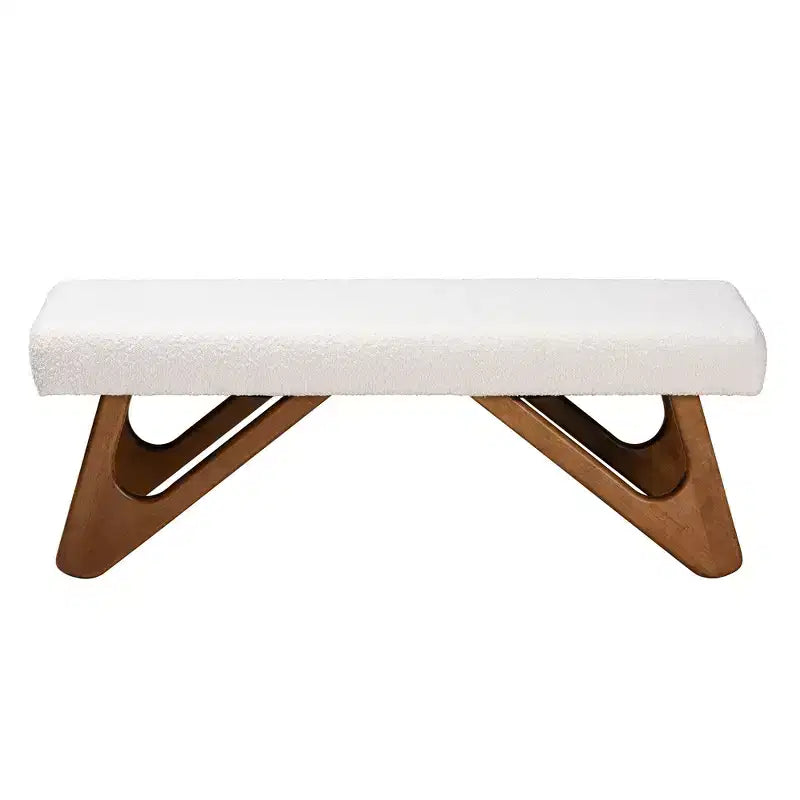 Banc Japandi en tissu bouclé crème et bois de noyer