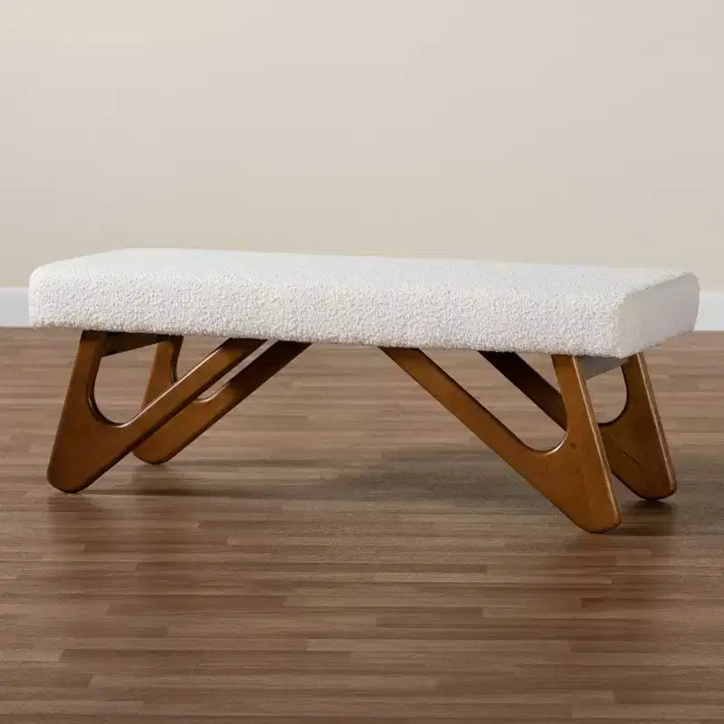 Banc Japandi en tissu bouclé crème et bois de noyer