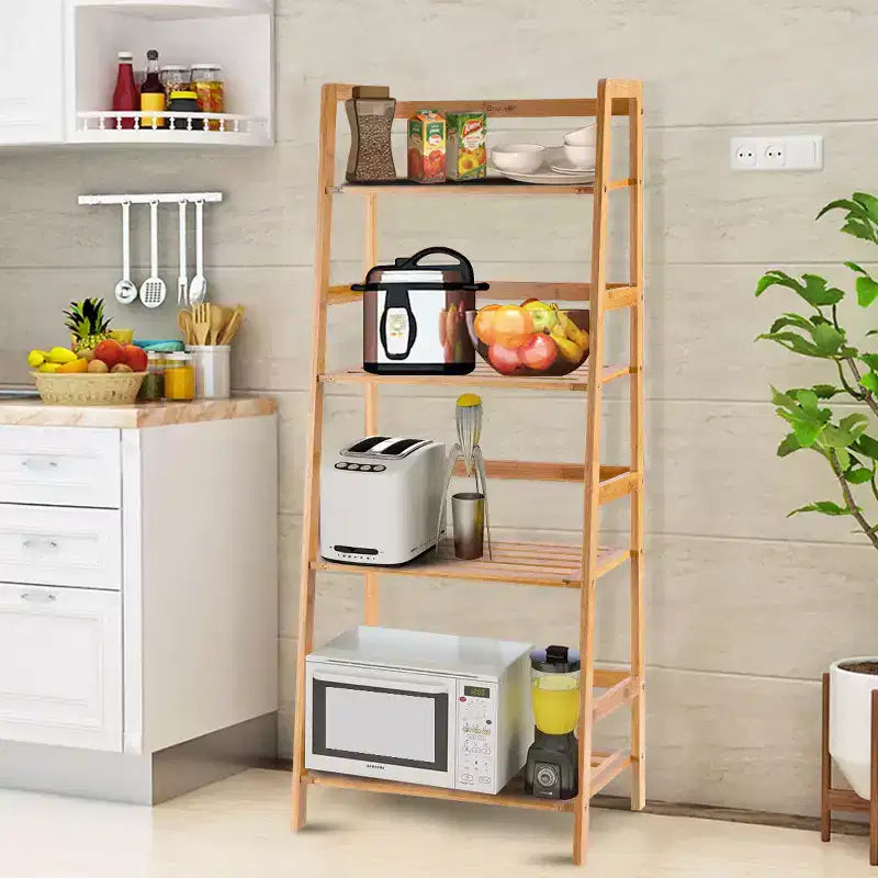 Costway Multifunctional 4 Shelf Bamboo Bookcase Ladder Plant Flower Stand Rack Storage White/Natural
