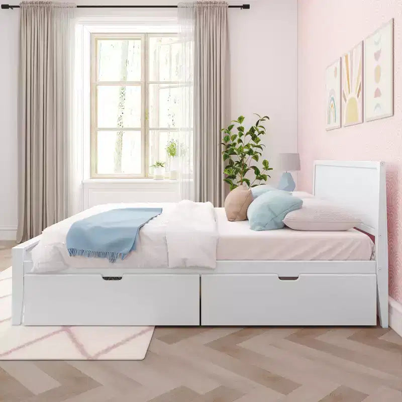 Lit Queen avec tiroirs de rangement, cadre de lit en bois massif avec tête de lit à panneaux, support à lattes en bois, pas besoin de sommier tapissier