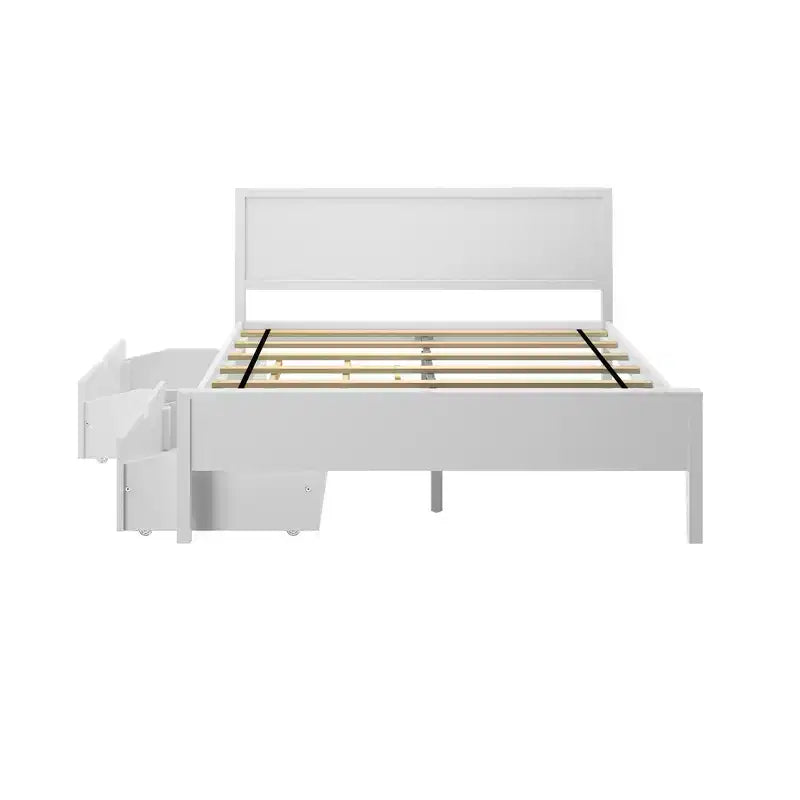 Lit Queen avec tiroirs de rangement, cadre de lit en bois massif avec tête de lit à panneaux, support à lattes en bois, pas besoin de sommier tapissier