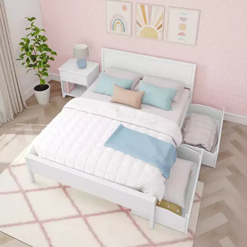 Lit Queen avec tiroirs de rangement, cadre de lit en bois massif avec tête de lit à panneaux, support à lattes en bois, pas besoin de sommier tapissier