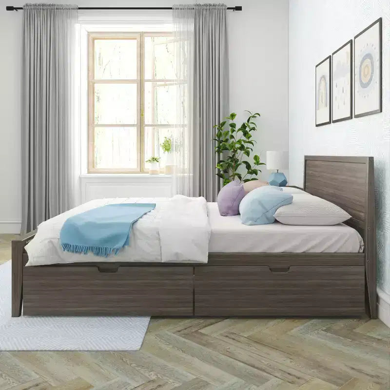 Lit Queen avec tiroirs de rangement, cadre de lit en bois massif avec tête de lit à panneaux, support à lattes en bois, pas besoin de sommier tapissier