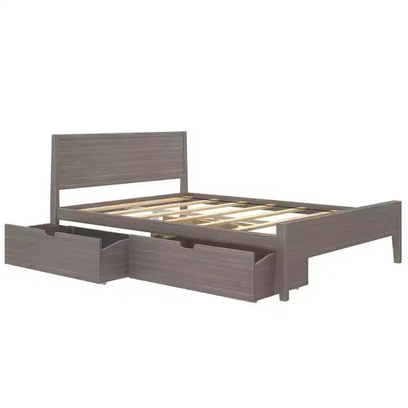 Lit Queen avec tiroirs de rangement, cadre de lit en bois massif avec tête de lit à panneaux, support à lattes en bois, pas besoin de sommier tapissier