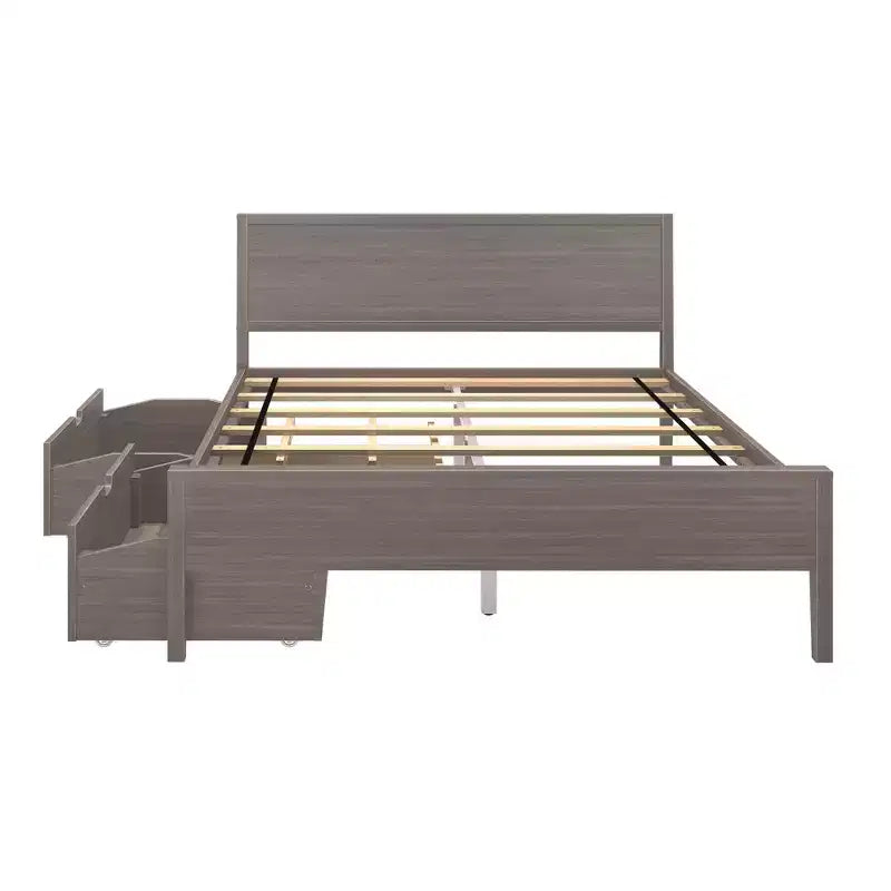 Lit Queen avec tiroirs de rangement, cadre de lit en bois massif avec tête de lit à panneaux, support à lattes en bois, pas besoin de sommier tapissier