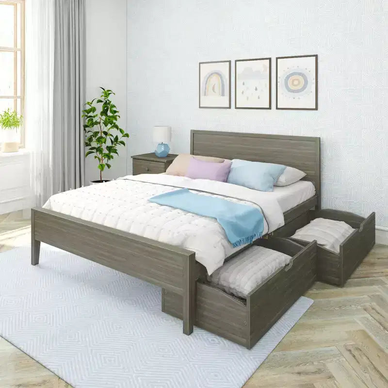 Lit Queen avec tiroirs de rangement, cadre de lit en bois massif avec tête de lit à panneaux, support à lattes en bois, pas besoin de sommier tapissier