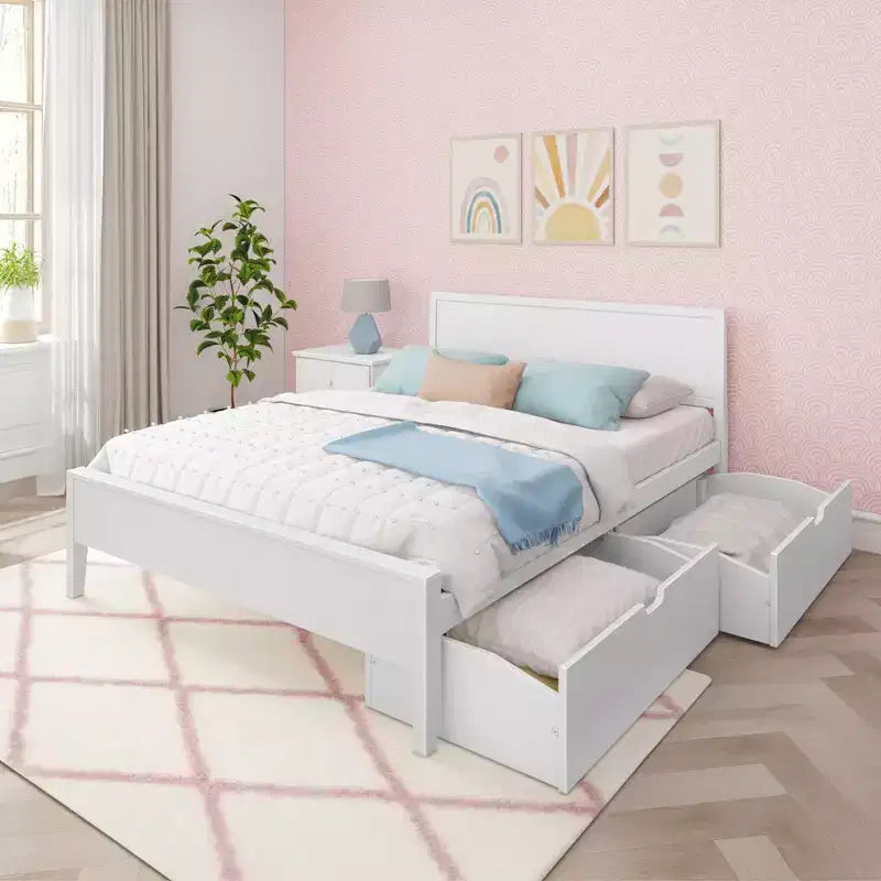 Max & Lily Queen Bed with Storage Drawers, Solid Wood Bed Frame with Panel Headboard, Wood Slat Support, No Box Spring Needed