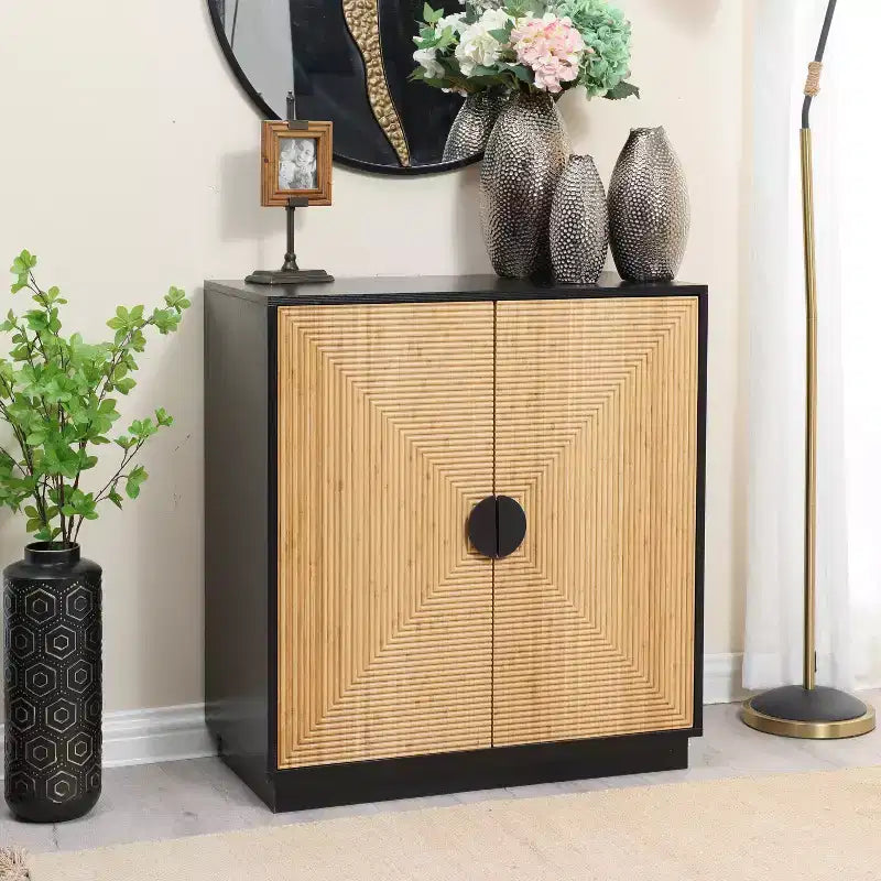 Meuble d'appoint noir 2 portes style bohème moderne avec lattes de bambou marron