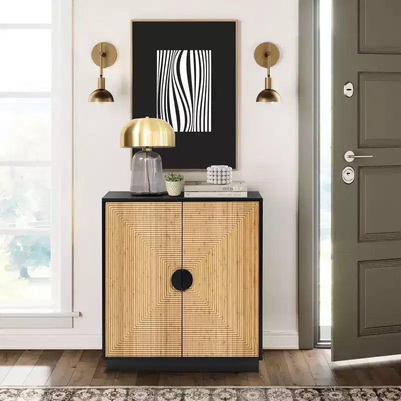 Meuble d'appoint noir 2 portes style bohème moderne avec lattes de bambou marron