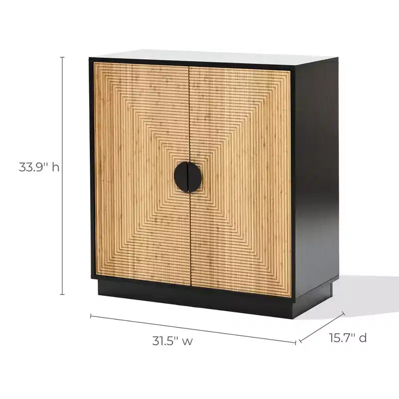 Meuble d'appoint noir 2 portes style bohème moderne avec lattes de bambou marron
