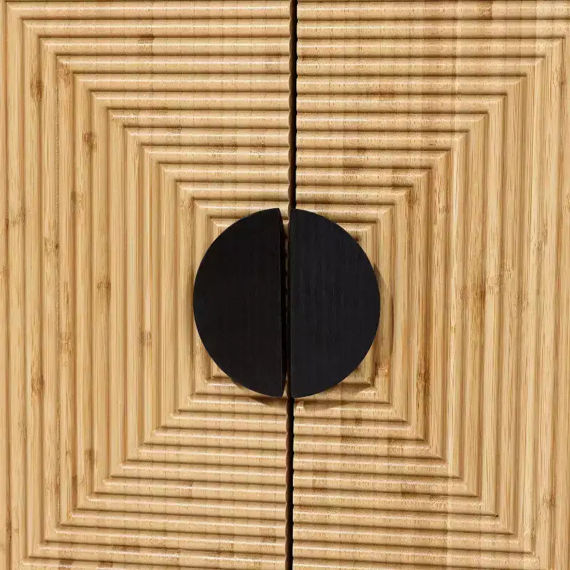 Meuble d'appoint noir 2 portes style bohème moderne avec lattes de bambou marron