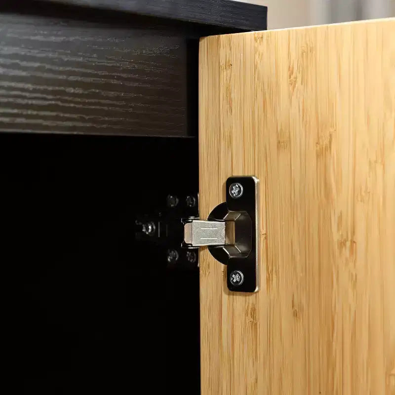 Meuble d'appoint noir 2 portes style bohème moderne avec lattes de bambou marron