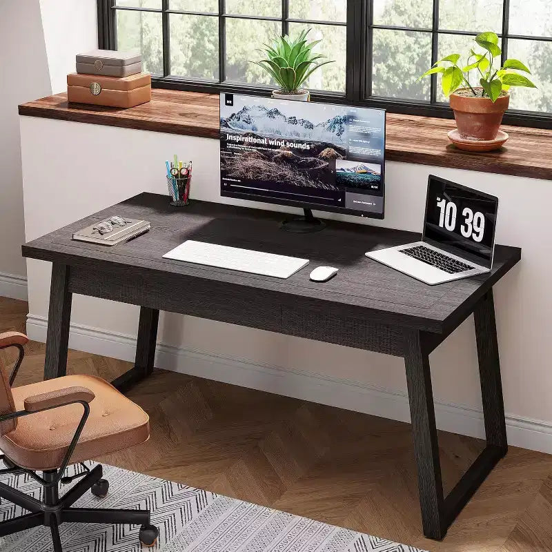 Bureau de direction pour bureau à domicile, bureau d'ordinateur en bois de 140 cm avec tiroir, table d'étude/d'écriture de style Mid-Century, mobilier de poste de travail