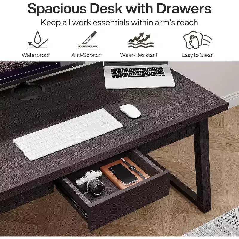 Bureau de direction pour bureau à domicile, bureau d'ordinateur en bois de 140 cm avec tiroir, table d'étude/d'écriture de style Mid-Century, mobilier de poste de travail