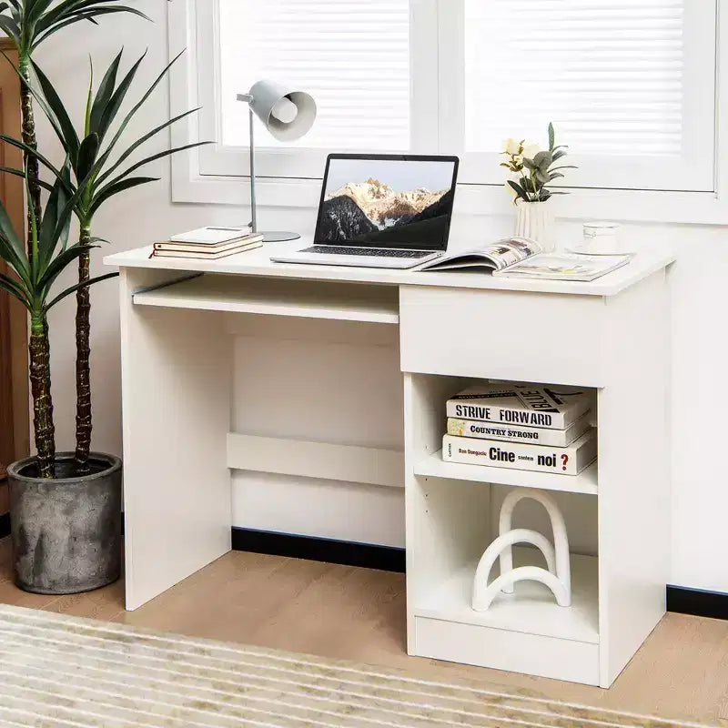 Bureau d'ordinateur, poste de travail de bureau à domicile, table d'étude pour ordinateur portable avec plateau coulissant pour clavier, tiroir, Noir/Blanc