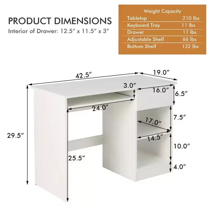 Bureau d'ordinateur, poste de travail de bureau à domicile, table d'étude pour ordinateur portable avec plateau coulissant pour clavier, tiroir, Noir/Blanc