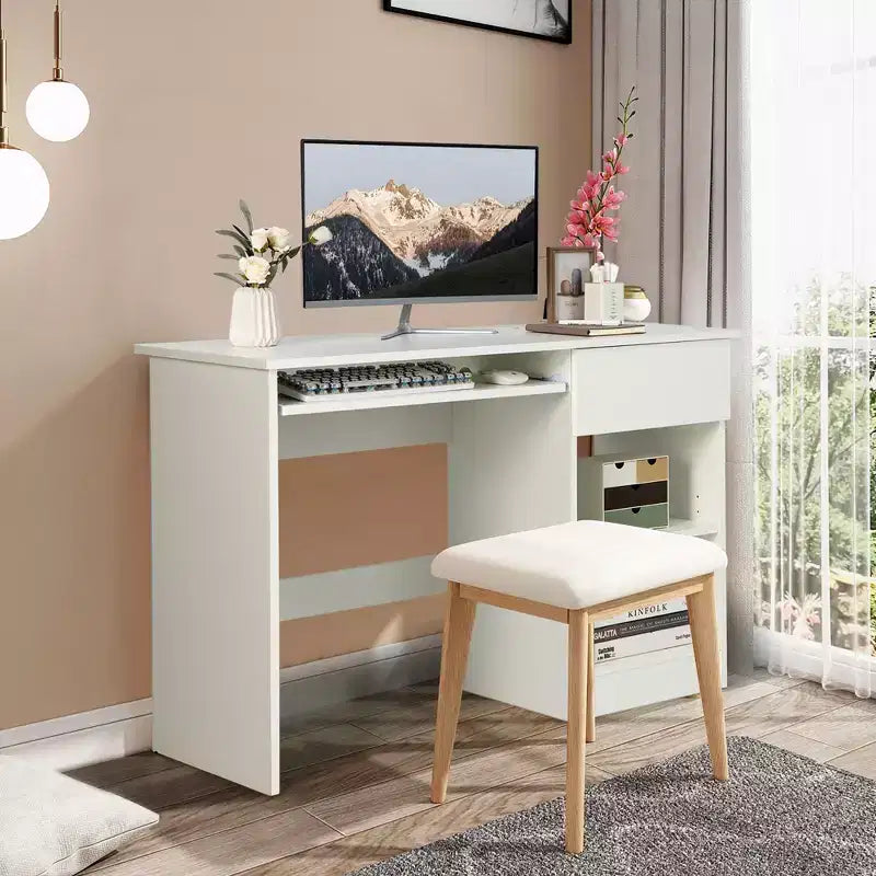 Bureau d'ordinateur, poste de travail de bureau à domicile, table d'étude pour ordinateur portable avec plateau coulissant pour clavier, tiroir, Noir/Blanc