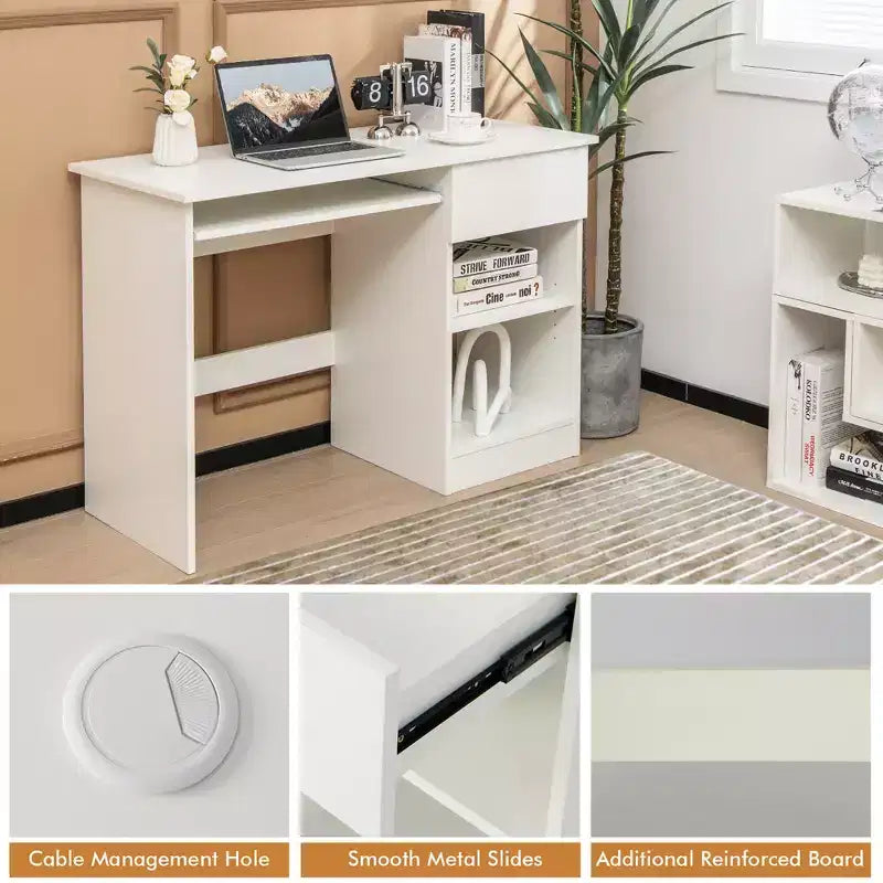 Bureau d'ordinateur, poste de travail de bureau à domicile, table d'étude pour ordinateur portable avec plateau coulissant pour clavier, tiroir, Noir/Blanc