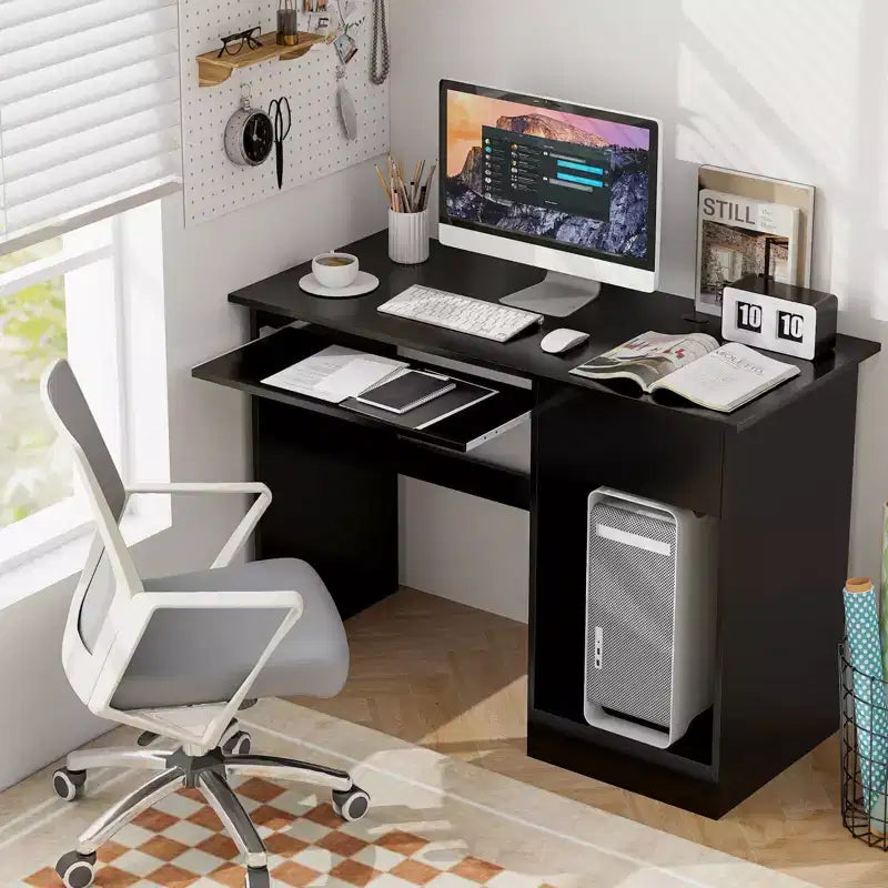 Bureau d'ordinateur, poste de travail de bureau à domicile, table d'étude pour ordinateur portable avec plateau coulissant pour clavier, tiroir, Noir/Blanc
