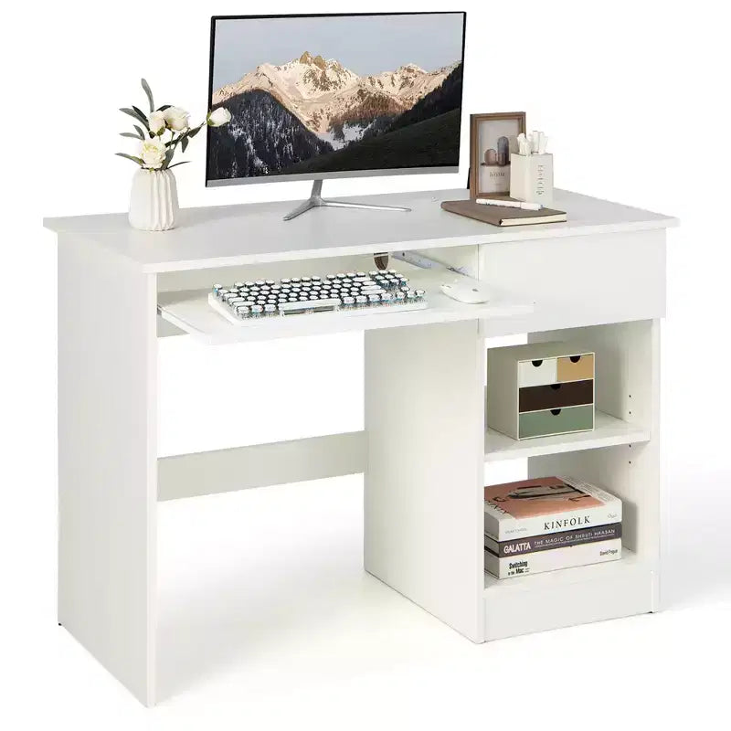 Bureau d'ordinateur, poste de travail de bureau à domicile, table d'étude pour ordinateur portable avec plateau coulissant pour clavier, tiroir, Noir/Blanc