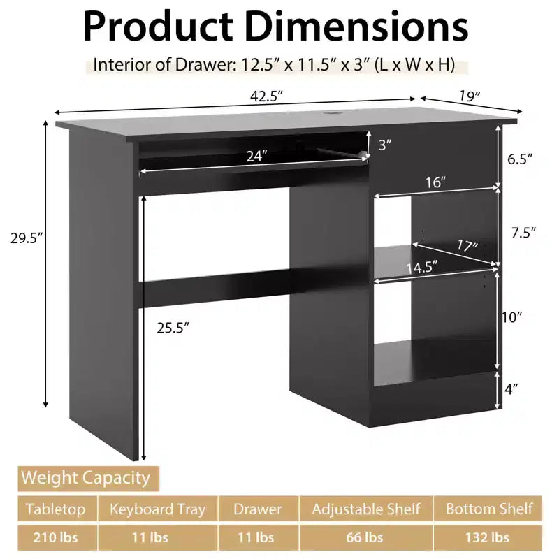 Bureau d'ordinateur, poste de travail de bureau à domicile, table d'étude pour ordinateur portable avec plateau coulissant pour clavier, tiroir, Noir/Blanc