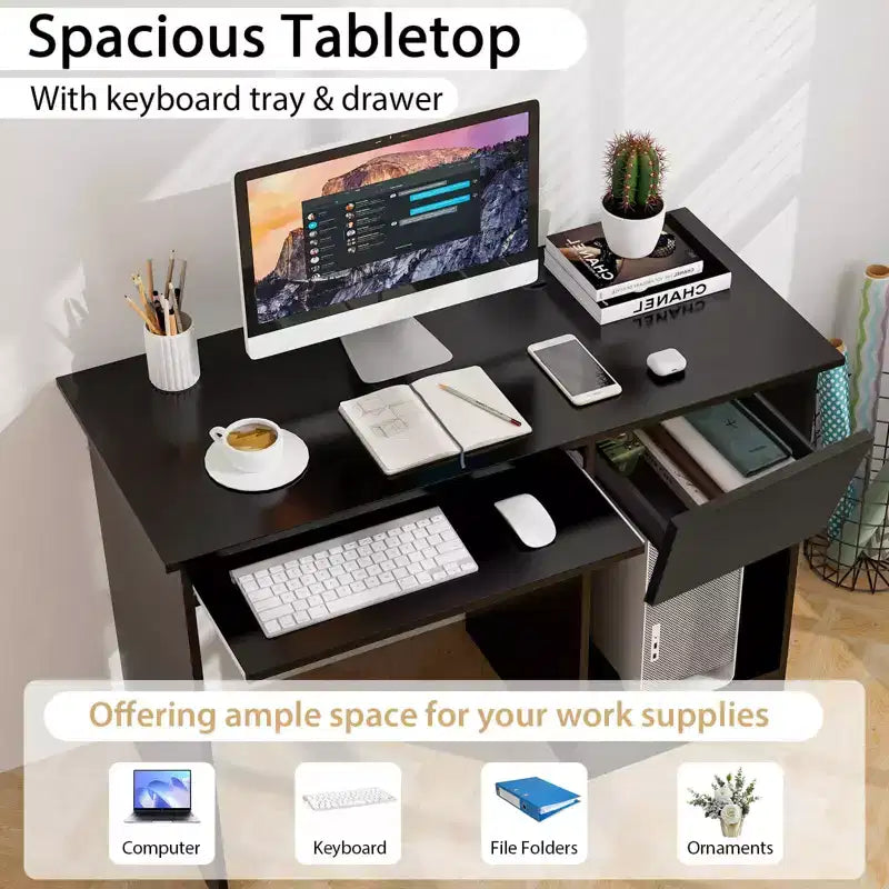 Bureau d'ordinateur, poste de travail de bureau à domicile, table d'étude pour ordinateur portable avec plateau coulissant pour clavier, tiroir, Noir/Blanc