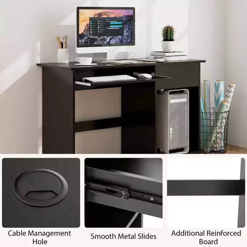 Bureau d'ordinateur, poste de travail de bureau à domicile, table d'étude pour ordinateur portable avec plateau coulissant pour clavier, tiroir, Noir/Blanc