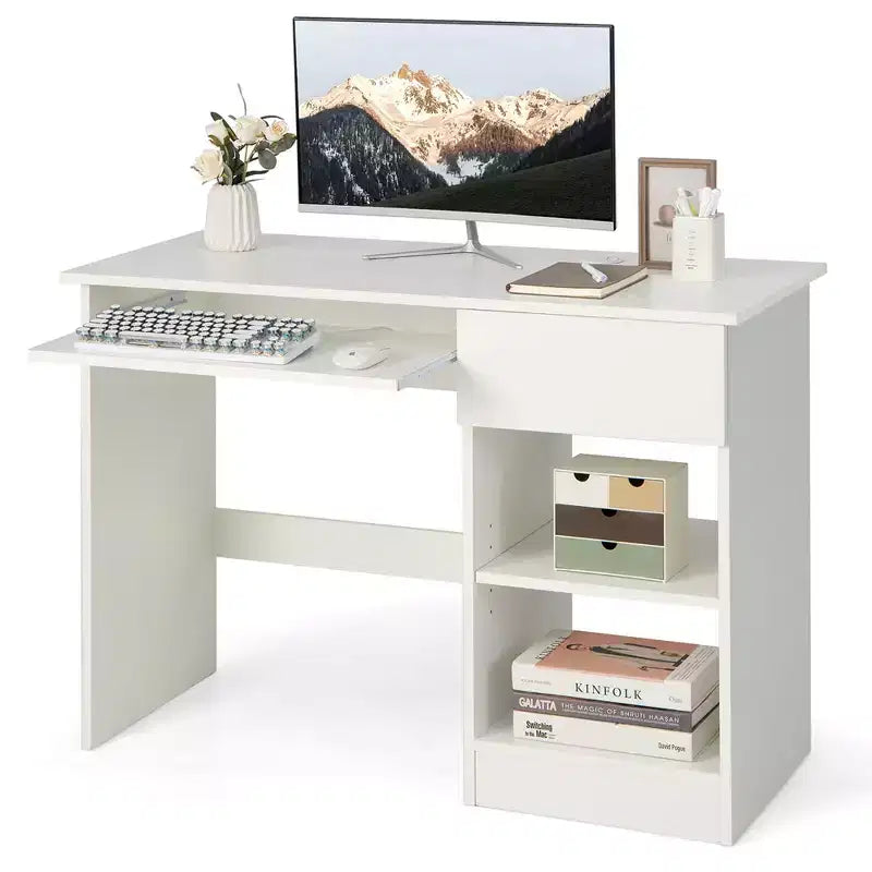 Bureau d'ordinateur, poste de travail de bureau à domicile, table d'étude pour ordinateur portable avec plateau coulissant pour clavier, tiroir, Noir/Blanc