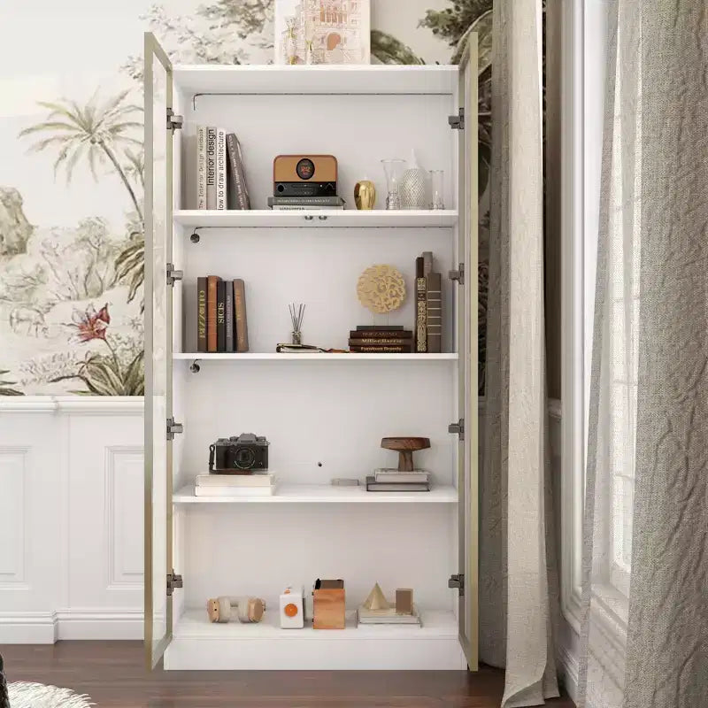 Vitrine Meuble de Rangement Multiusage Bibliothèque avec Portes en Verre et Étagères Buffet Lumière LED