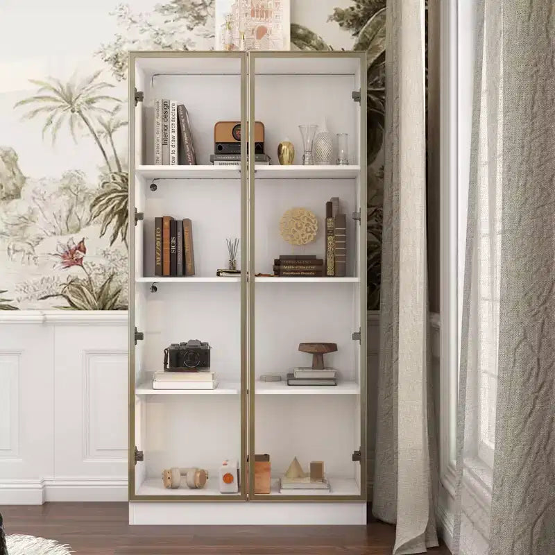 Vitrine Meuble de Rangement Multiusage Bibliothèque avec Portes en Verre et Étagères Buffet Lumière LED
