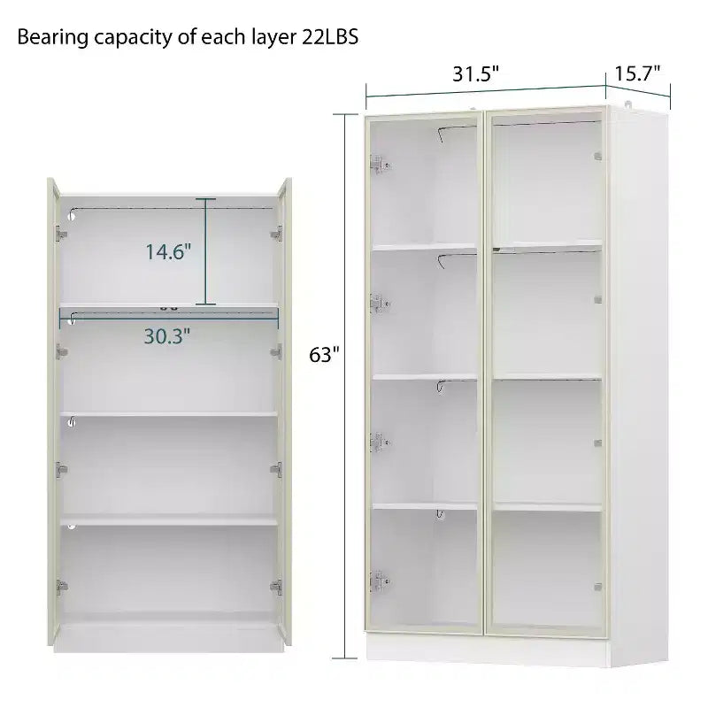 Vitrine Meuble de Rangement Multiusage Bibliothèque avec Portes en Verre et Étagères Buffet Lumière LED