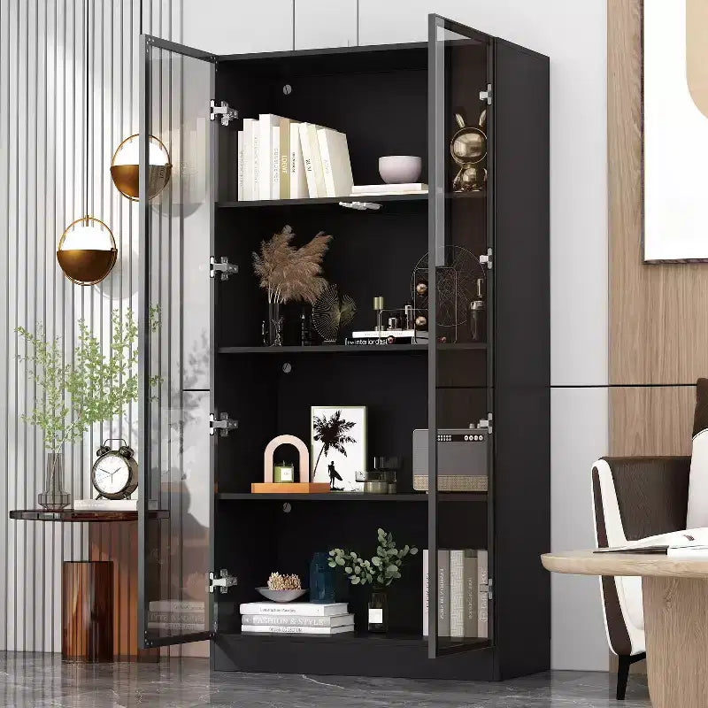 Vitrine Meuble de Rangement Multiusage Bibliothèque avec Portes en Verre et Étagères Buffet Lumière LED