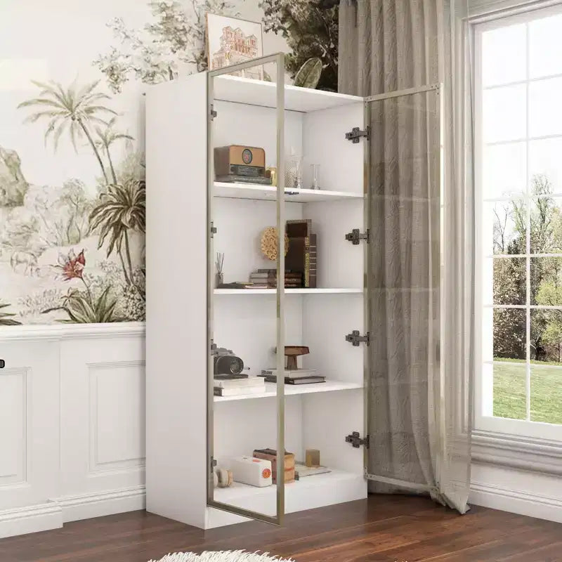 Vitrine Meuble de Rangement Multiusage Bibliothèque avec Portes en Verre et Étagères Buffet Lumière LED