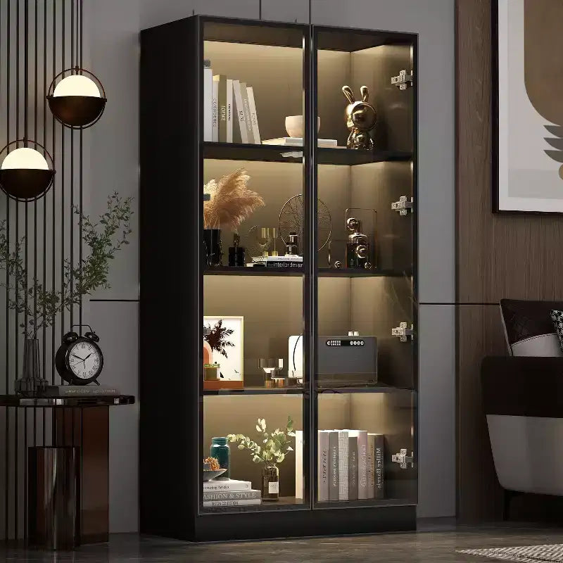 Vitrine Meuble de Rangement Multiusage Bibliothèque avec Portes en Verre et Étagères Buffet Lumière LED