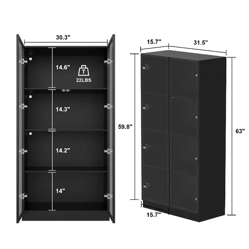 Vitrine Meuble de Rangement Multiusage Bibliothèque avec Portes en Verre et Étagères Buffet Lumière LED