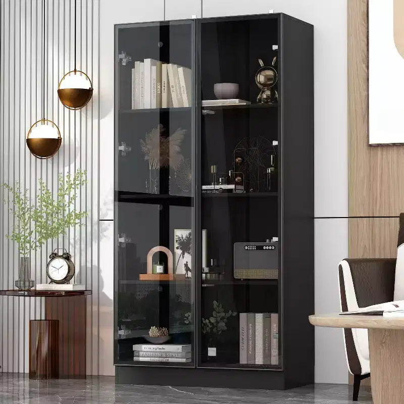 Vitrine Meuble de Rangement Multiusage Bibliothèque avec Portes en Verre et Étagères Buffet Lumière LED