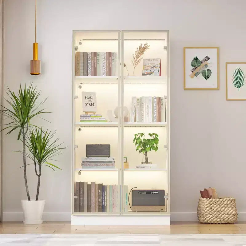 Vitrine Meuble de Rangement Multiusage Bibliothèque avec Portes en Verre et Étagères Buffet Lumière LED