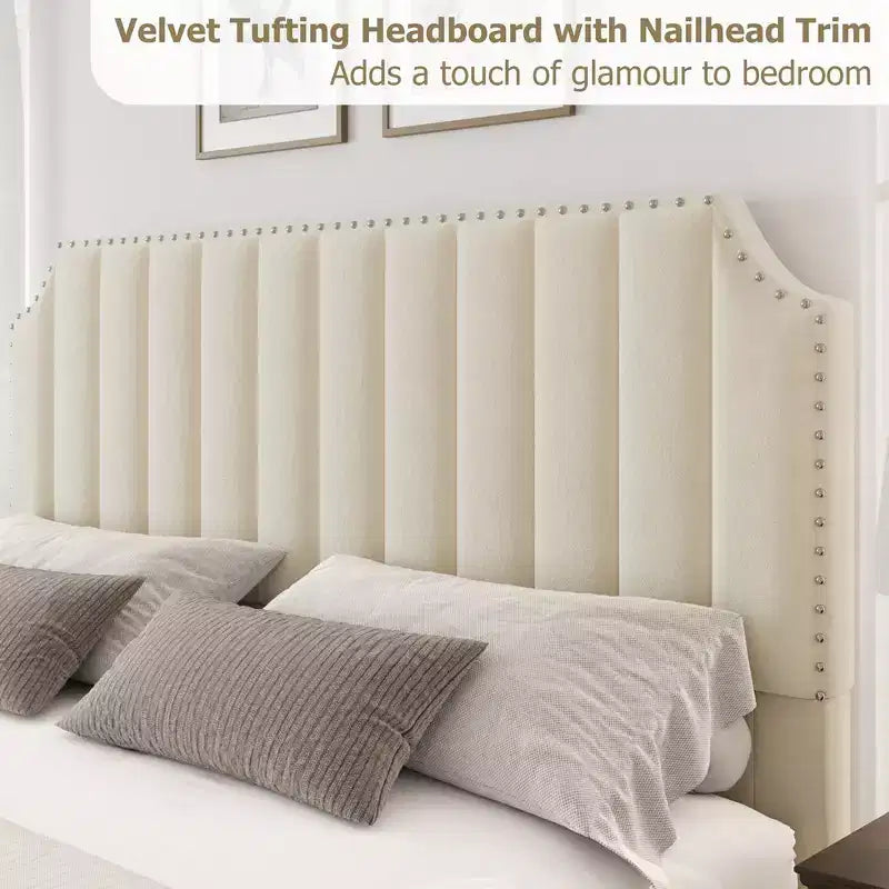 Cadre de lit plateforme avec tête de lit de 50,2 po, tapissée de velours avec tête de lit touffetée à canaux verticaux, aucun sommier tapissier requis