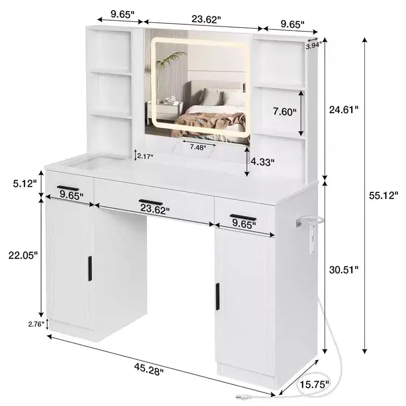Coiffeuse Maquillage avec Station de Recharge et Étagères de Rangement Blanche Deux Commodes