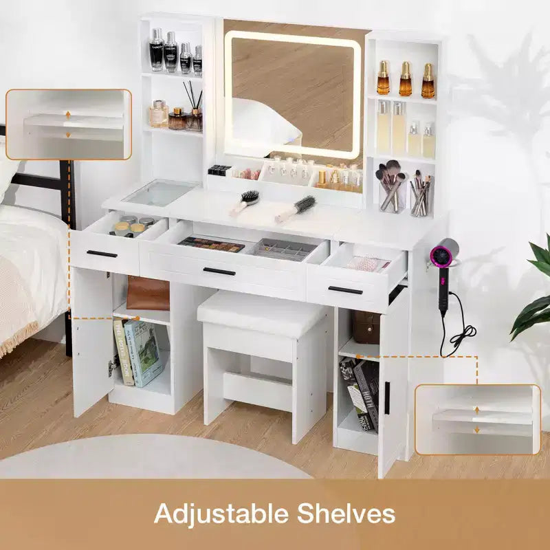 Coiffeuse Maquillage avec Station de Recharge et Étagères de Rangement Blanche Deux Commodes