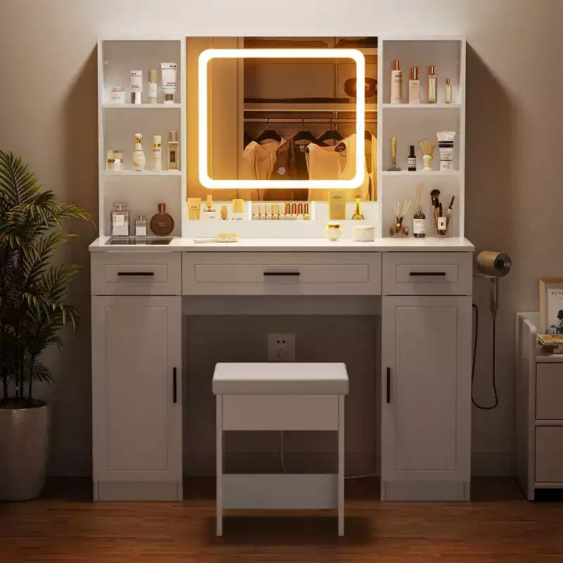 Coiffeuse Maquillage avec Station de Recharge et Étagères de Rangement Blanche Deux Commodes