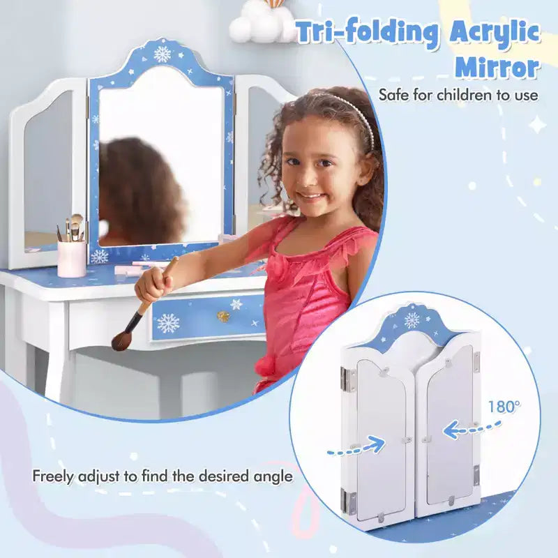 Coiffeuse et Tabouret pour Enfants avec Imprimé Pois Mignon, Miroir Triptyque, Tiroir Rose&Blanc/Rose Clair&Blanc/Rose&Noir/Bleu/Rose