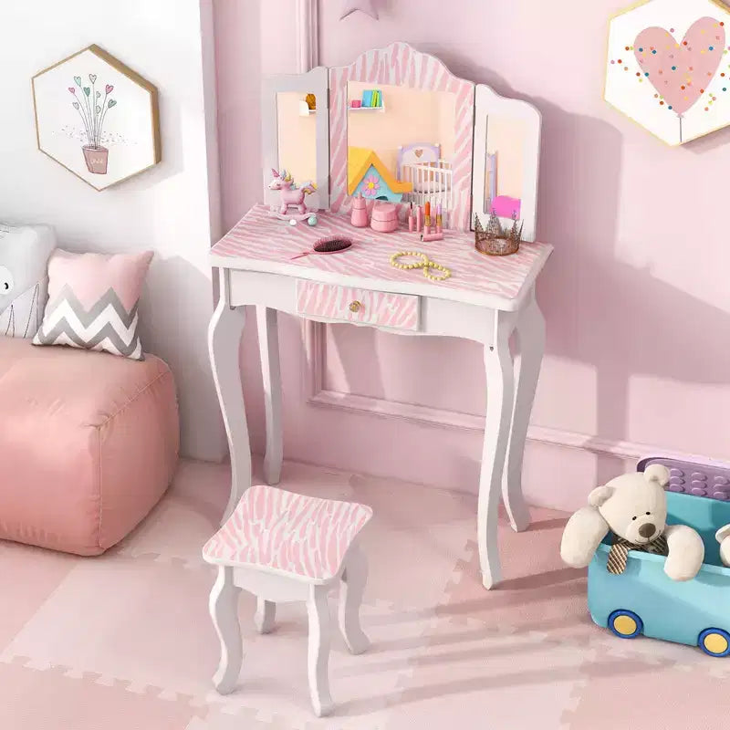 Coiffeuse et Tabouret pour Enfants avec Imprimé Pois Mignon, Miroir Triptyque, Tiroir Rose&Blanc/Rose Clair&Blanc/Rose&Noir/Bleu/Rose