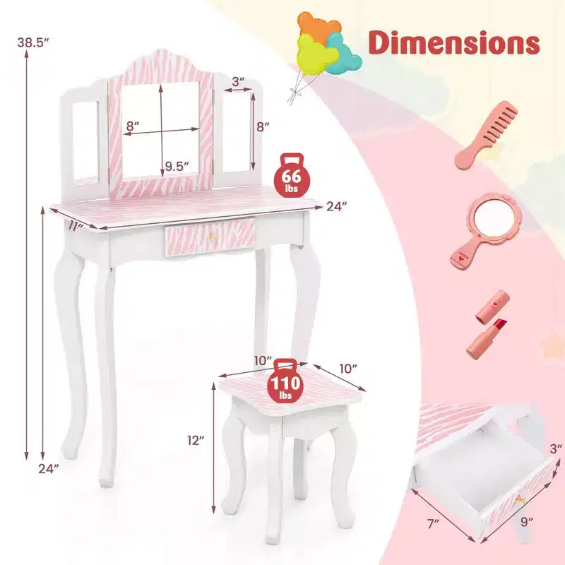 Coiffeuse et Tabouret pour Enfants avec Imprimé Pois Mignon, Miroir Triptyque, Tiroir Rose&Blanc/Rose Clair&Blanc/Rose&Noir/Bleu/Rose