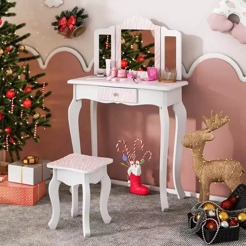 Coiffeuse et Tabouret pour Enfants avec Imprimé Pois Mignon, Miroir Triptyque, Tiroir Rose&Blanc/Rose Clair&Blanc/Rose&Noir/Bleu/Rose