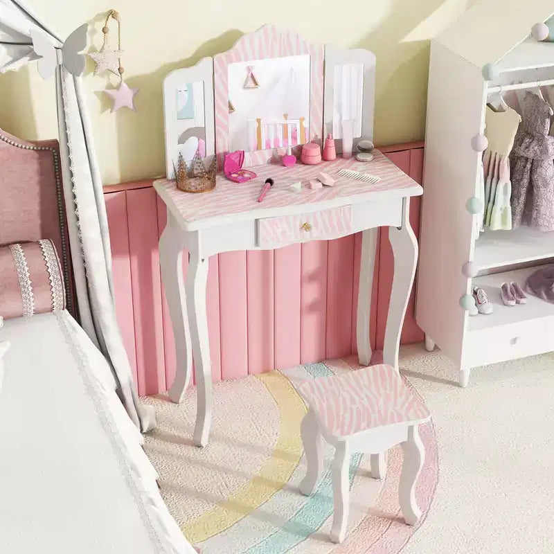 Coiffeuse et Tabouret pour Enfants avec Imprimé Pois Mignon, Miroir Triptyque, Tiroir Rose&Blanc/Rose Clair&Blanc/Rose&Noir/Bleu/Rose
