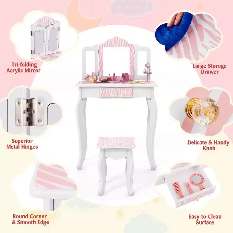 Coiffeuse et Tabouret pour Enfants avec Imprimé Pois Mignon, Miroir Triptyque, Tiroir Rose&Blanc/Rose Clair&Blanc/Rose&Noir/Bleu/Rose