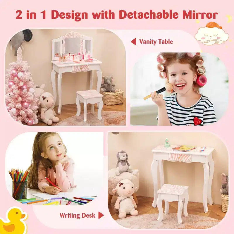 Coiffeuse et Tabouret pour Enfants avec Imprimé Pois Mignon, Miroir Triptyque, Tiroir Rose&Blanc/Rose Clair&Blanc/Rose&Noir/Bleu/Rose