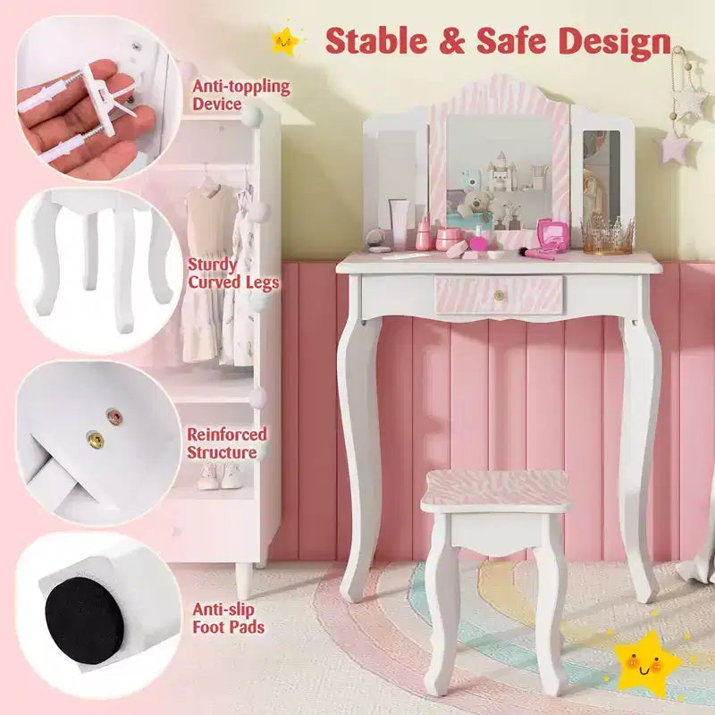 Coiffeuse et Tabouret pour Enfants avec Imprimé Pois Mignon, Miroir Triptyque, Tiroir Rose&Blanc/Rose Clair&Blanc/Rose&Noir/Bleu/Rose