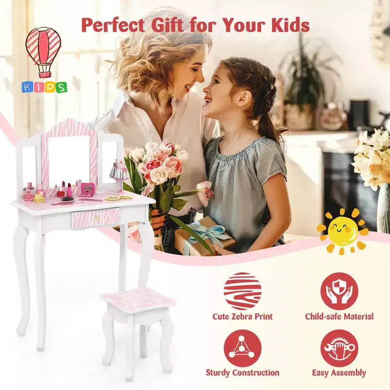 Coiffeuse et Tabouret pour Enfants avec Imprimé Pois Mignon, Miroir Triptyque, Tiroir Rose&Blanc/Rose Clair&Blanc/Rose&Noir/Bleu/Rose